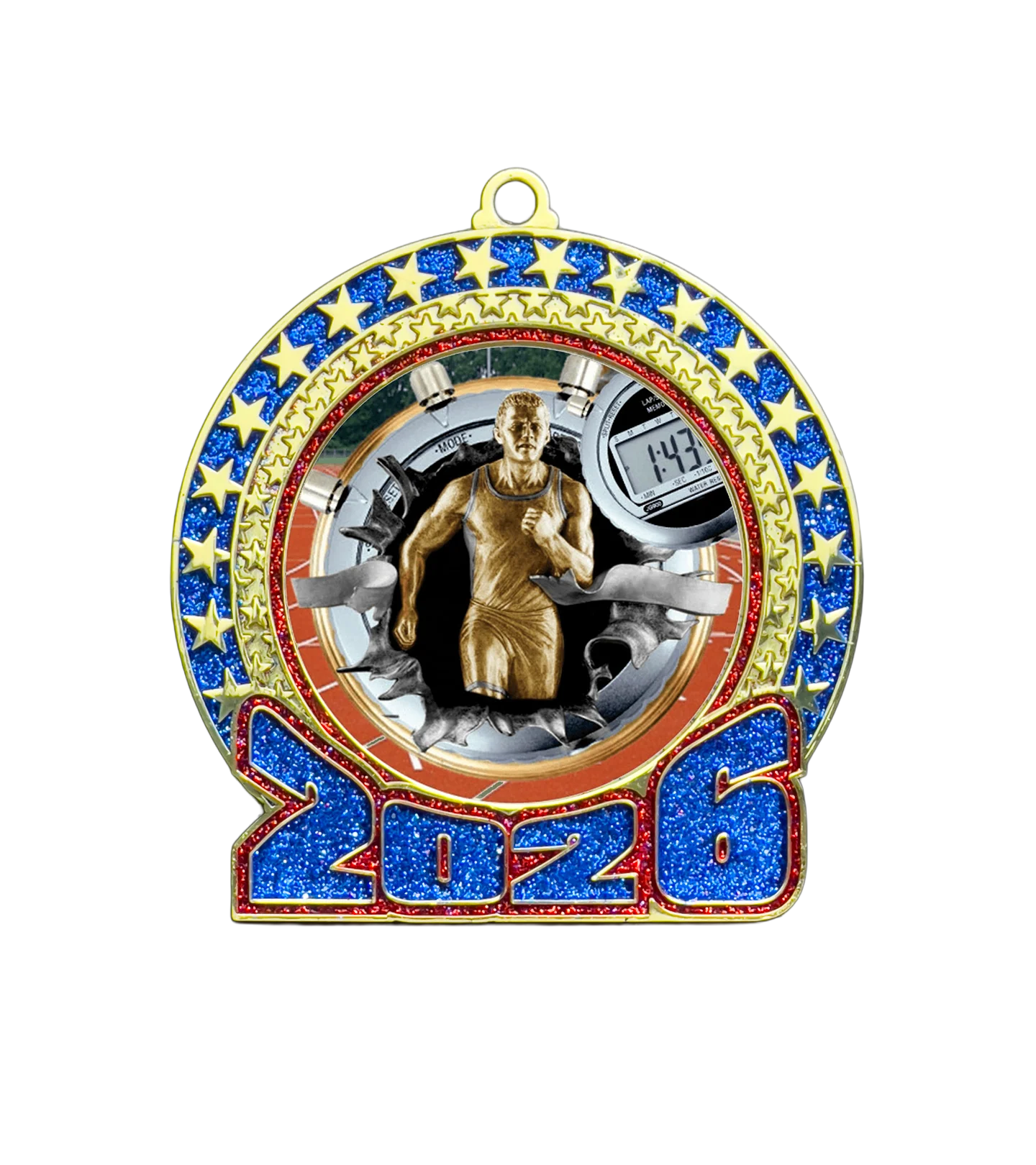 2026 Red and Blue Glitter Track Insert Medal