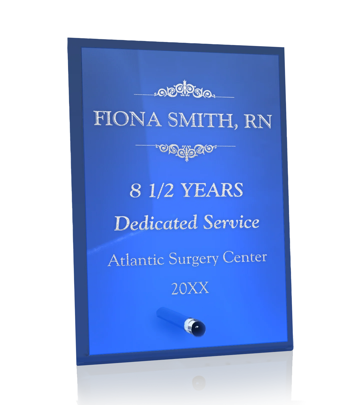 Laser Engraved Standing Blue Glass Plaque