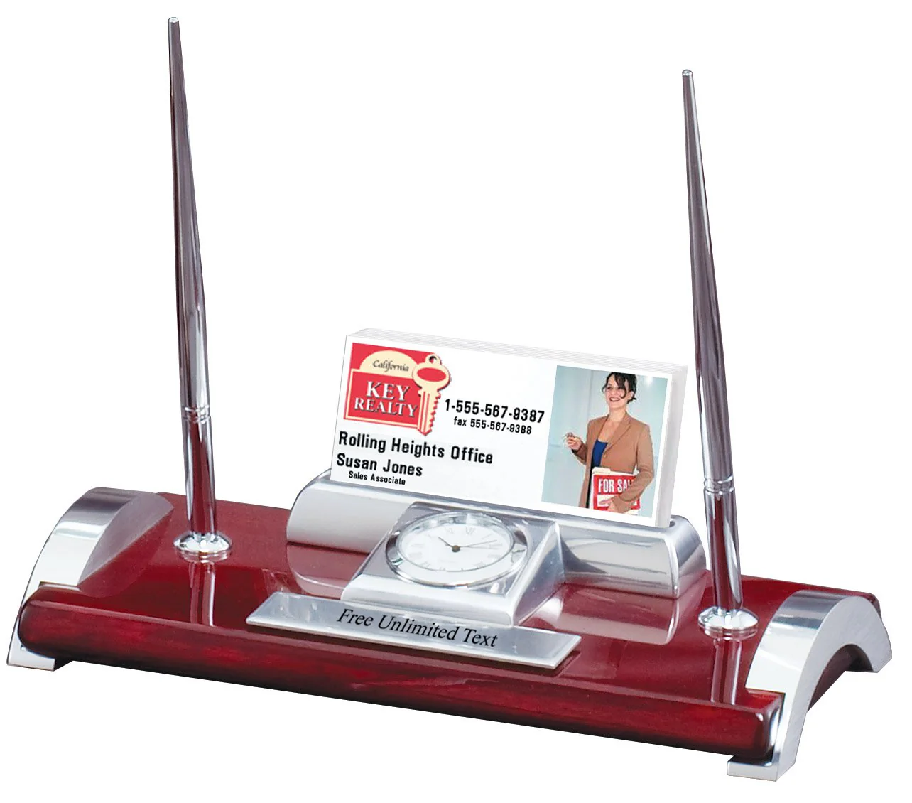 Two Pen Desk Clock with Business Card Holder